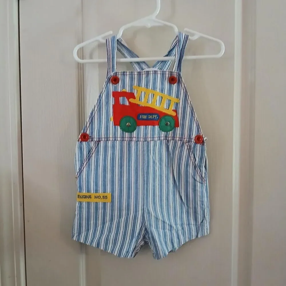 Vintage 90s Blue White 100% Cotton Striped Fire Truck Shorts Overalls 18m Retro
